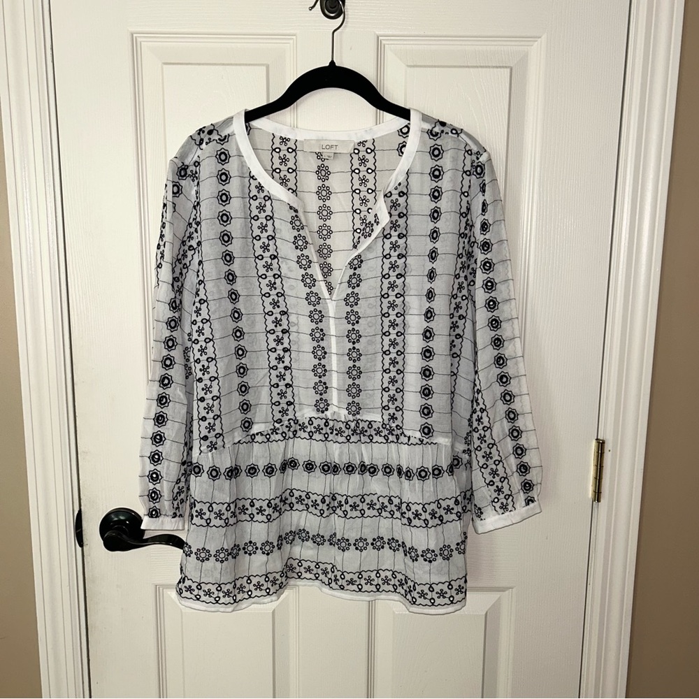 LOFT White & Blue Embroidered Top☀️ - Picture 9 of 9